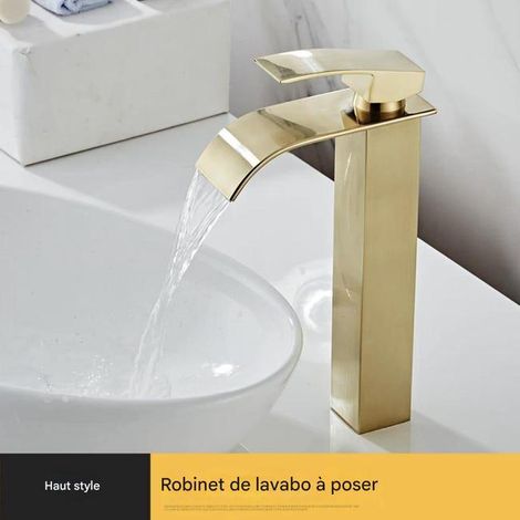 Robinet cascade doré, vasque carrée en acier inoxydable 304, eau chaude et froide, lavabo sur plan, robinet de salle de bain, 63,5 x 53,3 x 76,2 cm (l (1/5)