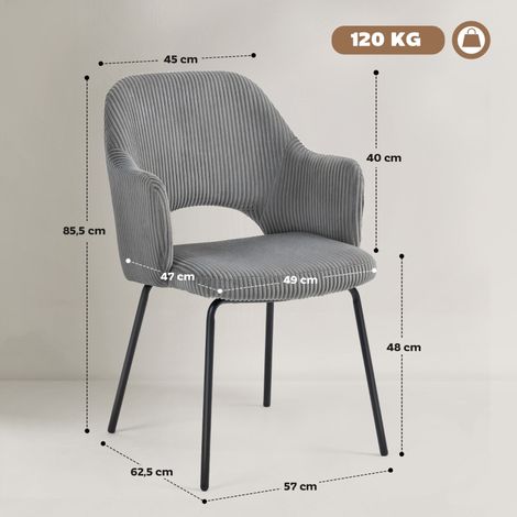 Chaise de salle à manger en velours côtelé, forme coquille, pieds métalliques avec patins, gris – design ergonomique et élégant (1/4)