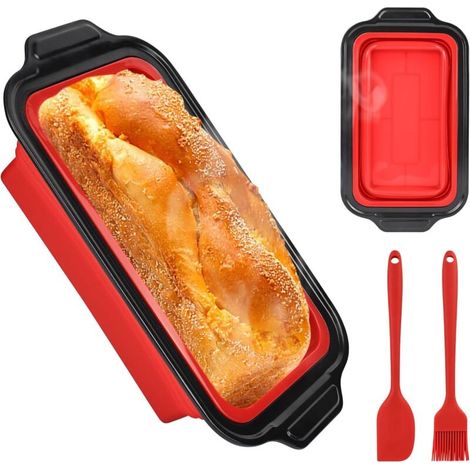 Moule à pain en silicone - 31 x 17,2 x 7 cm - Avec spatule et pinceau à huile - Moule en silicone antiadhésif pour gâteaux et pains - Rouge (1/5)