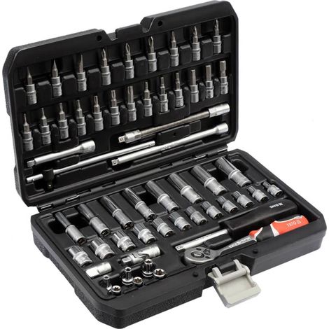 Yato Knarrenkasten Steckschlüssel‑ und Ratschen‑Set 56 teilig 1/4″ (6,3 mm) CrV Werkzeug‑Set mit Stecknüssen, Bits & Koffer