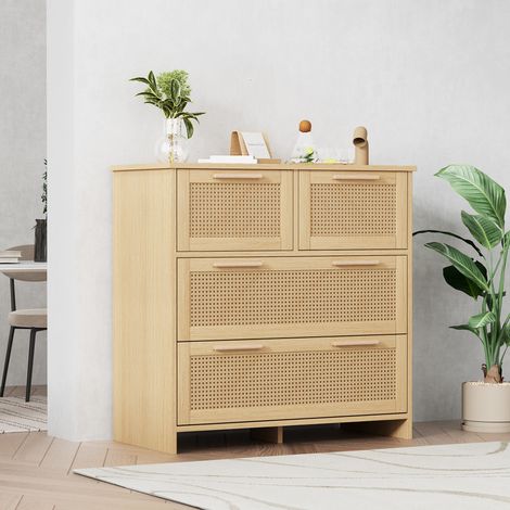 Cassettiere 80x38x80cm con 4 cassetti, credenza, mobile contenitore, mobiletto spogliatoio, mobiletto ingresso, maniglie in legno, MDF, colore legno naturale (1/5)