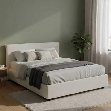 Talamo Italia Cama matrimonial Aurea, Cama contenedor con tapizado en ecopiel, 100% Made in Italy, Apertura frontal, adecuado para colchón Cm 140x190, Blanco, con embalaje reforzado (1/4)