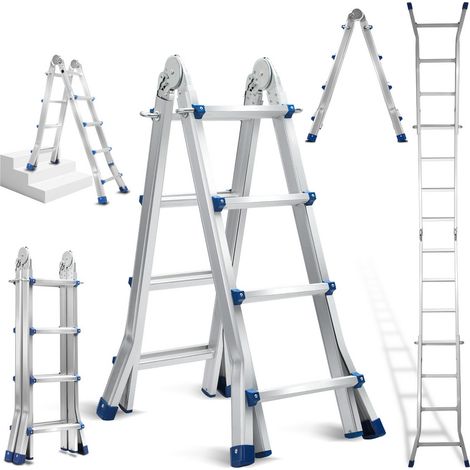SWANEW Teleskopleiter Alu Leichtgewicht 4x5 Ebene Silber +multifunktion Multifunktionsleiter Mehrzweckleiter Ausziehbare Leiter 15 Stufe Stehleiter aus Hochwertigem Aluminium Belastbarkeit 150KG