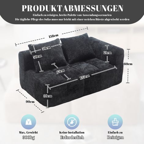 Canapé noir moelleux 2 places avec coussin, poches latérales pour télécommande et téléphone, élégant et rangé, livré monté (1/3)