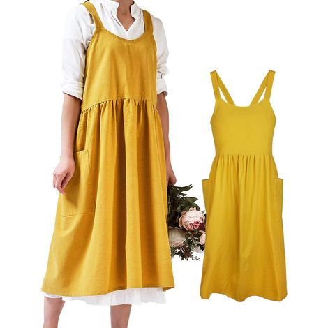 Tablier japonais pour femme, en coton et lin, avec bretelles croisées et grandes poches. Couleur unie, style littérature et art, idéal pour la cuisine, les cafés et les boutiques de fleurs. (1/5)