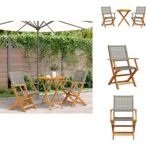 3-tlg. Bistro-Set Grau Poly Rattan und Massivholz - Gartentisch - Esszimmergarnitur - Outdoor Möbel - Holztisch - Rattan Sessel (1/5)