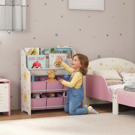 Meuble de rangement pour jouets avec 6 tiroirs en tissu et une bibliothèque à 2 niveaux. En bois et acier. 63 x 30 x 71 cm. Rose.