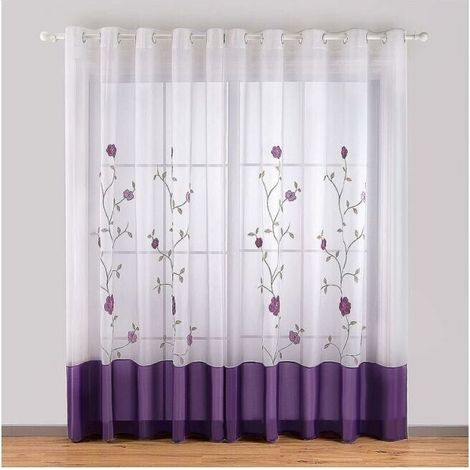 Eyelet Curtains 140 x 245 cm Floral Embroidery Voile Curtains for Bedroom Kitchen Living Room Purple Set of 2 (1/4)