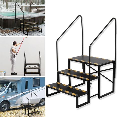 Escalier de camping-car à 3 marches - Charge maximale : 200 kg - Pour caravane, camping - Avec 2 marchepieds - Antidérapants - Marchepied RV - Remorque de voyage (1/5)