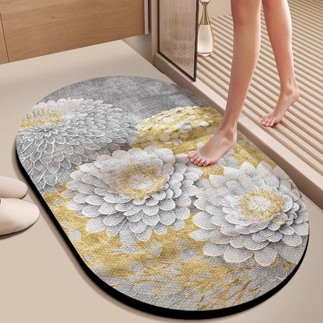 Tapis de salle de bain antidérapant en terre de diatomée – Forme ovale irrégulière, absorption rapide de l’eau, résistant à la saleté et à l’usure, motif fleuri élégant (50 x 80 cm)-lsw