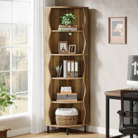 Tribesigns – Étagère d'angle 5 niveaux 180 cm – Bibliothèque en bois pour petit espace – Design incurvé – Charge max 90,7 kg – Assemblage facile
