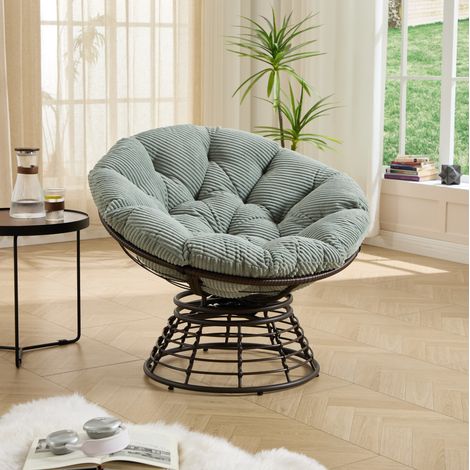 Chaise papasan pivotante 360° en rotin PE, coussin épais vert clair, acier, REDOM (1/5)