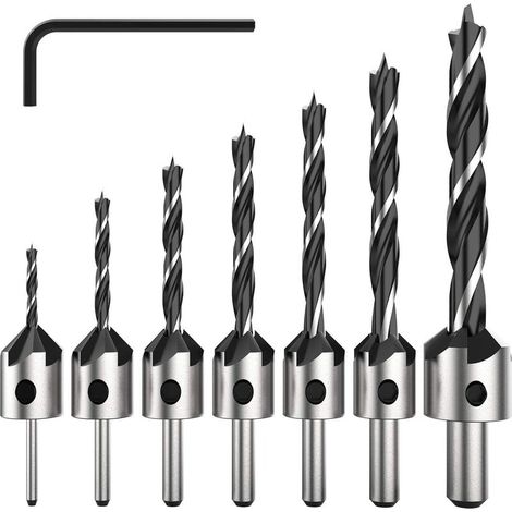 7-teiliges HSS-Bohrerset mit 5 Schneiden für Holzschrauben, Anfasbohrer für Schrauben verschiedener Längen durch einfaches Lösen und Festziehen der Schraube, Werkzeugset 3-6 mm. (1/5)