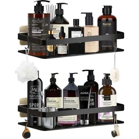 2 black no-drill aluminum shower shelves with 4 hooks and 6 bathroom adhesive strips.