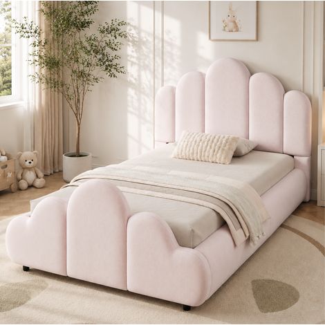 Lit enfant rembourré 90x200 cm avec sommier, tête de lit capitonnée et velours rose OKWISH (1/5)
