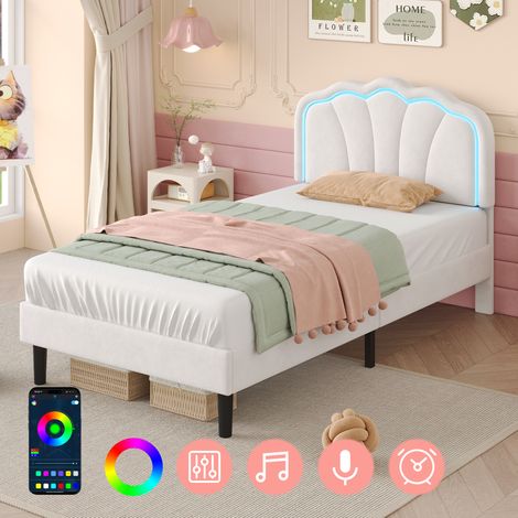 3ft Single Upholstered Bed with LED Adjustable Shell Shape Headboard, Soft Velvet Bed Frame with Solid Wood Slat, No Box Spring Needed, Easy Assembly, Cream White (No Mattress)