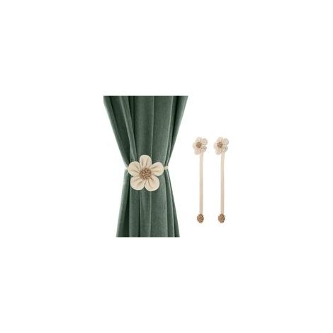 Lot de 2 embrasses à rideaux magnétiques en lin – Boucles décoratives tournesol – Fixation aimantée facile pour intérieur – Blanc et beige (1/5)