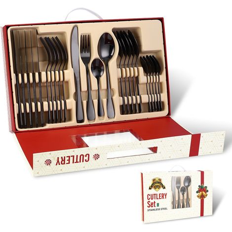 Ensemble de couverts 24 pièces en acier inoxydable, noir, coffret cadeau de Noël, ensemble de couverts (1/4)