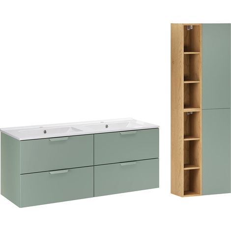 Ensemble meuble double vasque encastrée 120cm et colonne Oria Vert mat (1/5)