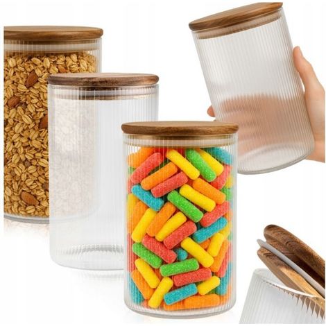 Boîte De Conservation En Verre - 1 L - Avec Couvercle En Bois D'acacia Et Joint Silicone - Pour Cuisine Et Salle De Bain - Lot De 3 (1/5)