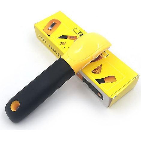 yellow hand-held maize peeler with a vertical serrated blade and a non-slip handle for easy cleaning and storage. (1/5)