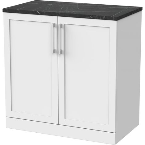 Stonnall Traditional Floor Standing 2 Door Vanity Unit with Black Pietra Marble Laminate Worktop, 800mm, Matt White