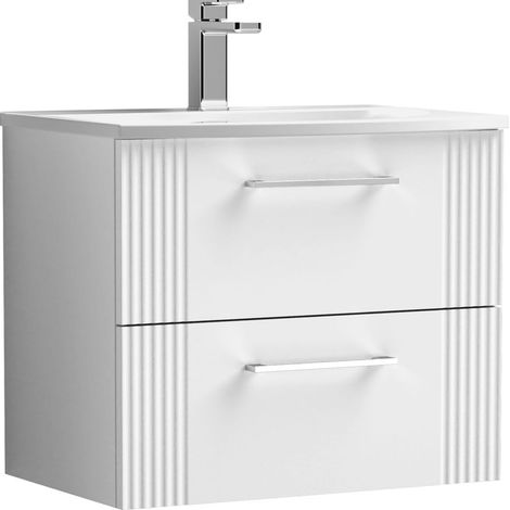 Belvide Partial Fluted 2 Drawer Wall Hung Vanity Unit with 1 Tap Hole Curved Basin- 600mm - Satin White (1/4)