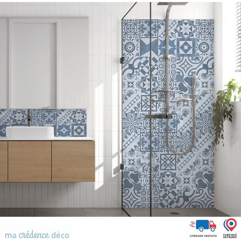 Panneau de douche : Carreaux ciments antique 4 - Couleur Bleu pastel - Alu composite - 90 - 245 (1/3)