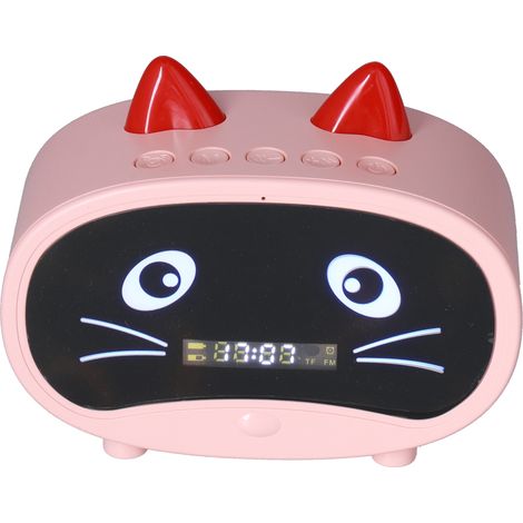 Mini enceinte multifonctionnelle à oreilles de chat mignonnes, avec double réveil, idéale pour la chambre ou le bureau (rose).