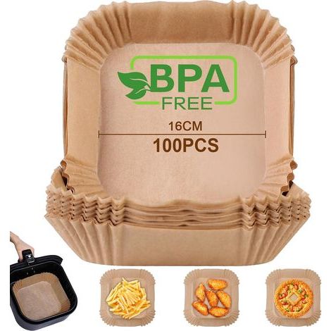 100 pièces Papier Cuisson pour Air Fryer (16x16 cm) Carré Paper Liner Friteuse, Papier Air Fryer Carré Antiadhésif Pour Friteuse Sans Huile 4 à 4,5 litres - Idéal pour la cuisson saine (1/5)