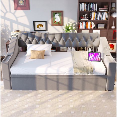 Bett Schlafbett Stauraum 90x190 Samt Hellgrau OKMYHOME (1/5)