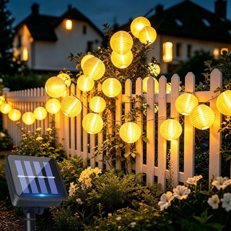 Guirlande Solaire Lanternes Extérieures, 5M 20 LED Lanternes Lampes, IP65 Étanche, Guinguette Lanterne Solaire 8 Modes, Decorative pour Jardin, Balcon, Cour, Terrasse, Noël, Fête(Blanc Chaud) (1/5)