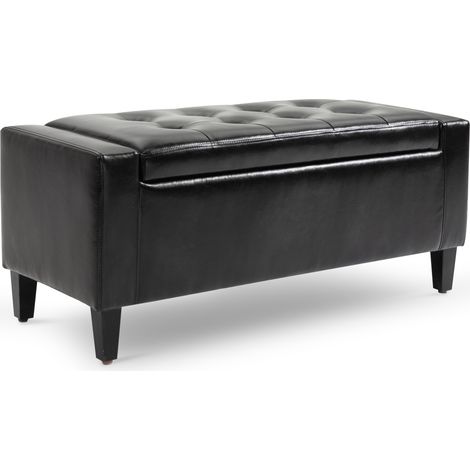 PU Lear Storage Ottoman Bench Storage Chest Tufted Ottoman Cube w/ Flipping Top 92L x 40W x 40H cm Black (1/5)