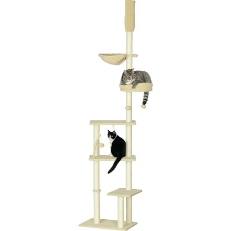 Arbre à chat beige sol plafond 230 à 250 cm à hauteur réglable avec plateformes, paniers, hamac et balles, accessoire design sobre pour intérieur pratique et ajustable