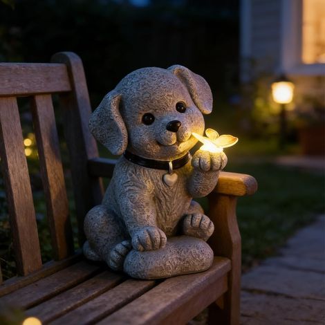 Figurine de Chien Solaire, Statue Solaire de Jardin Chien Ornament Outdoor avec Papillons Figurine d'animal de Jardin Lumière Solaire Statue Jardin Exterieur pour Cadeau de Pendaison de Crémaillère (1/5)