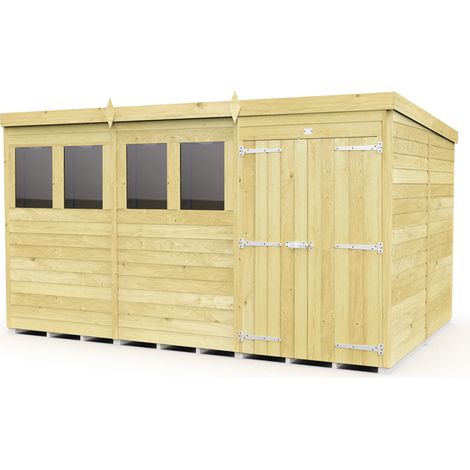 12 x 8 Feet Pent Shed - Double Door With Windows - Wood - L231 x W358 x H201 cm