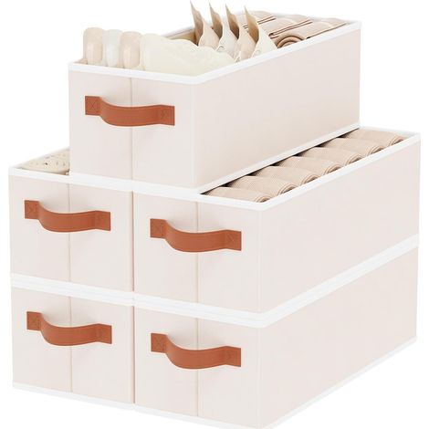 Lot de 5 Boîte de Rangement, Organisateur de Tiroir, Panier en Tissu Pliable avec Poignée, Casier Vetement pour Organiser des étagères, des Placards, Beige, 38x15.5x13cm (1/5)
