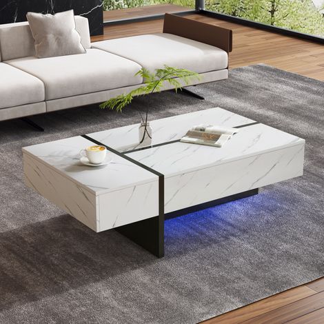 Tavolino bianco 105 x 60 x 35 cm, 3 cassetti, piano laccato effetto marmo, LED controllabile tramite app, pannello truciolare (1/5)