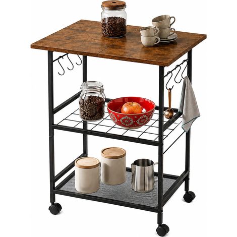 Carrello da cucina a 3 ripiani, marrone – Metallo e MDF, ruote bloccabili (1/5)