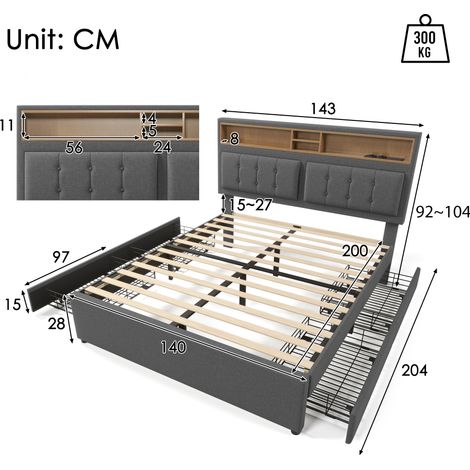 Cama doble tapizada 140 x 200 cm gris con 4 cajones, USB-C y colchón (1/5)