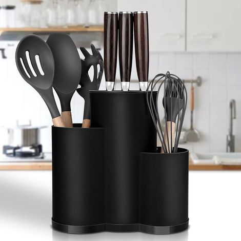 Bloc porte-couteaux 3 en 1, porte-couverts et porte-ciseaux – Organisateur multifonction pour une cuisine sûre, propre et bien rangée (couteaux non inclus) – Noir (1/5)