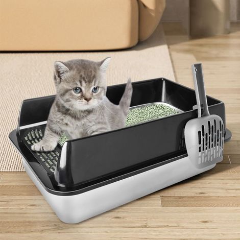 1 Bac à litière pour chat, acier inoxydable, 50x35x24 cm, ouvert, XL, adapté aux petits, moyens et grands chats