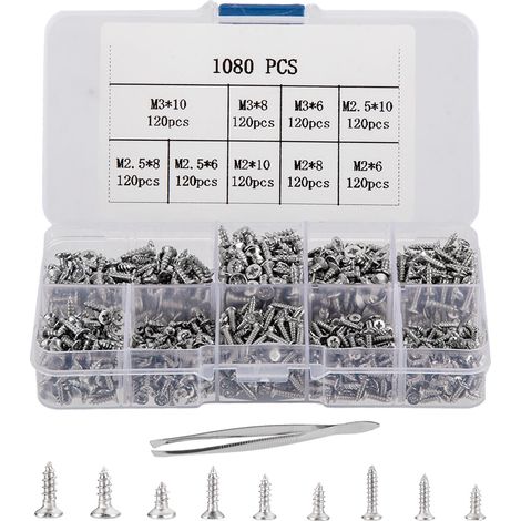 1080 Pièces Petites Vis Autotaraudeuses, Vis à Bois M2/M2.5/M3, Vis Cruciformes à Tête Plate 6mm/8mm/10mm, Ensemble de Vis Autoperceuses pour équipement de Bureau, Meubles en Bois (argent) (1/5)
