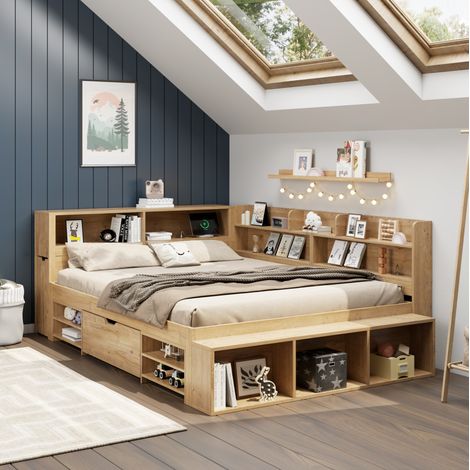 Cama infantil con almacenaje estantes 140x200 natural OKMYHOME (1/5)