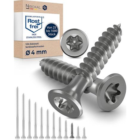 100 - Vis à bois - Acier inoxydable A2 - Filetage total Tête fraisée 90° Torx TX Pour menuiserie et ossature Bois Argent 4x25 cm (1/5)