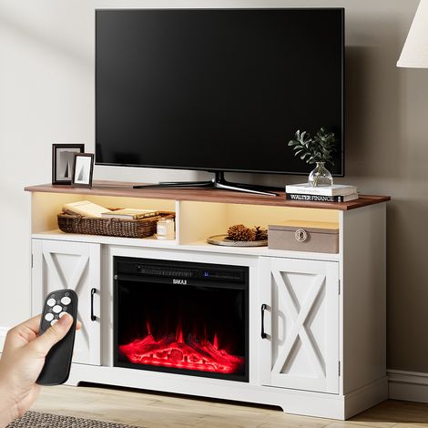 Mobile TV Bianco e Legno Camino Elettrico Effetto Fiamma 3D Telecomando Luci RGB (1/5)