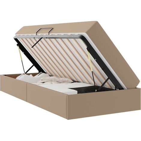 Lit avec rangement, comprenant un matelas en deux parties et du cuir couleur cappuccino. (1/5)