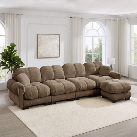 Ecksofa 330×149 cm aus Chenille in Braun mit mobilem Hocker und Steppnähten (1/5)