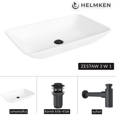 Helmken 54059000 Aufsatzwaschbecken (59x36) Weiß + Mattschwarzer Siphon + Mattschwarzer Klick-Klack-Verschluss (1/5)