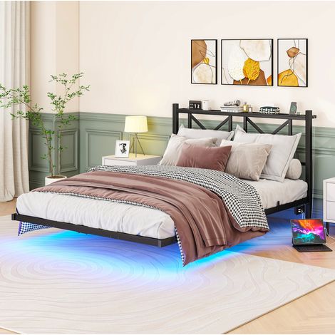 Schwebebett 140x200 cm schwarz aus Metall mit LED-Beleuchtung, Ladestation und Kopfteil (1/5)